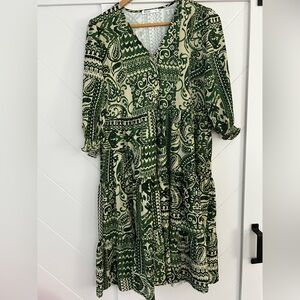 Beautiful Nomad Green and White Patterned Tiered Long Sleeve Dress